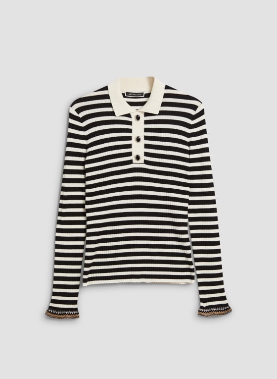 Striped Jewel Button Polo Sweater, Black & White