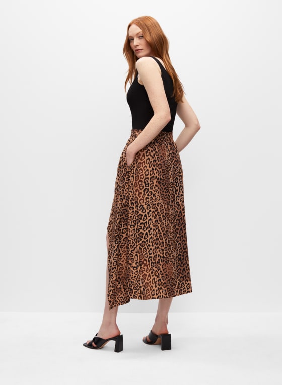 Leopard Print Smocked Waist Skirt, Black Pattern