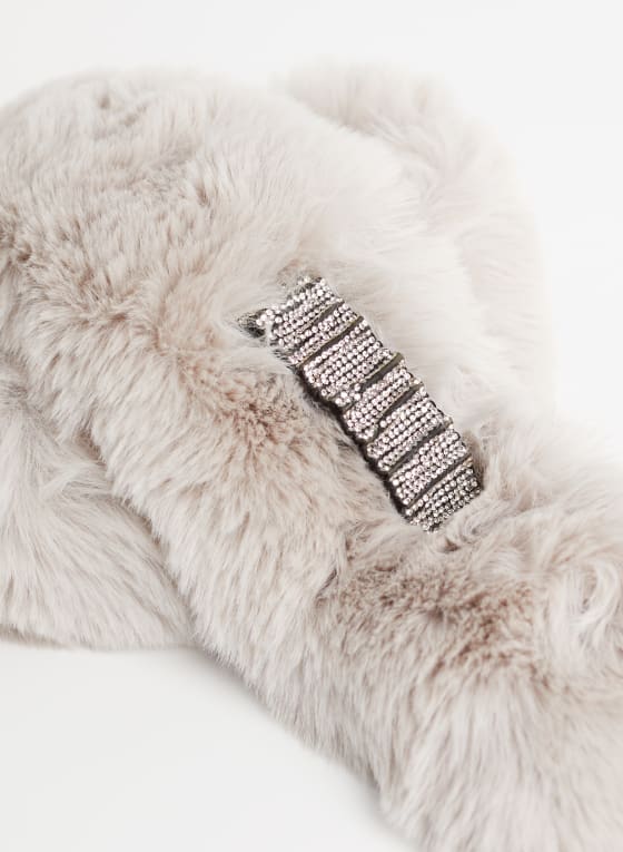 Crystal Detail Faux Fur Scarf, Grey