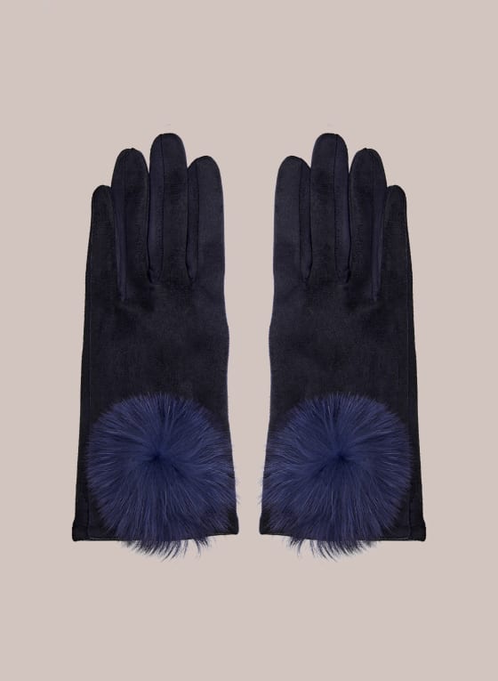 Large Pompom Faux Suede Gloves, Blue