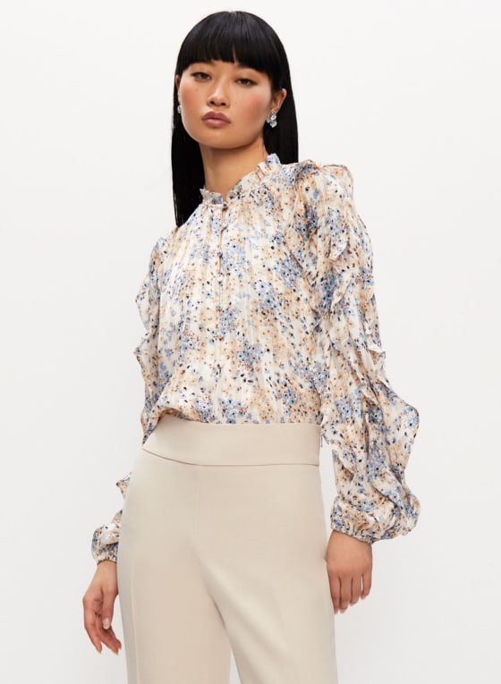 Ruffle Sleeve Floral Print Top, White Pattern
