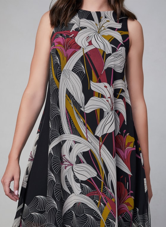 Floral Print Chiffon Dress, Black Pattern