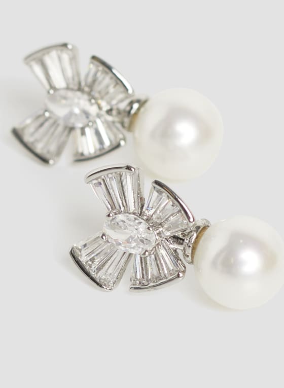 Boucles d'oreilles à perle et baguettes de cristal, Blanc perle